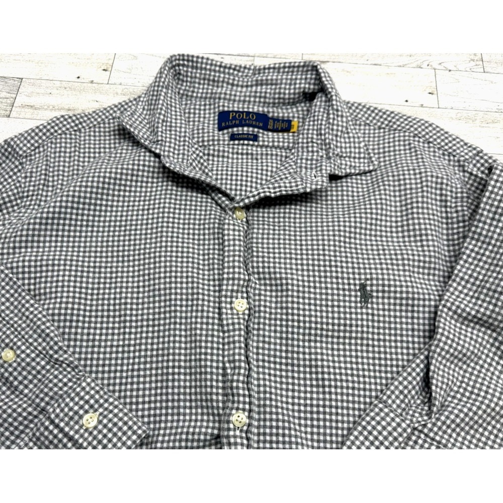 Polo Ralph Lauren Classic Fit Gray White‎ Gingham Plaid Button Up Shirt Mens XL